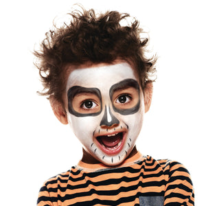 Final step, using black brush pen adding lots of thin lines around mouth to complete the Cheeky Skeleton face paint.