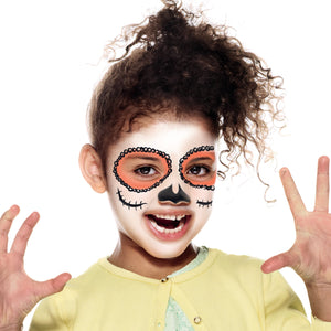 Final step, adding black outline around the orange circle, and adding black nose and scratches on cheeks to complete the skeleton face paint.