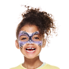 Final step, adding black spider webs around design to complete Witch face paint.