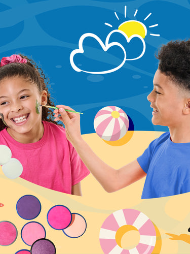 kids face painting as a beach activity in a playful summer-themed illustration 