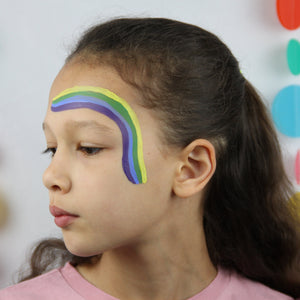 Step one, showing the start of creating rainbow around the eye with purple, blue, green and yellow lines.
