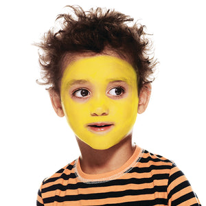 Step one, Painting the entire face with bright yellow and orange using a sponge, avoiding the eyes.