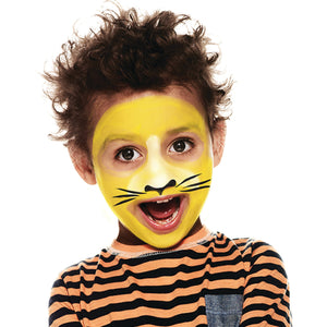 Step two, Dab white paint down the nose and on either side, then draw three whiskers on each cheek with black paint, and paint the nose with a line down to the lip.