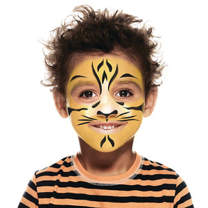 Final step, Drawing wavy black lines from the nose to the forehead, adding stripes in between, above the eyebrows, and under the eyes. Add stripes across the cheeks, chin, and whiskers to complete the tiger face paint.