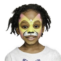 Step two, adding black whiskers and nose. Using white face paint, adding white petals in-between eyes.
