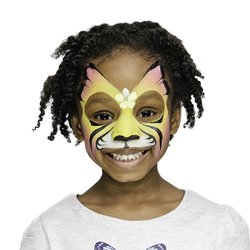Final step, adding black highlights around the wing shaped mask to complete the Tiger Fairy face paint.