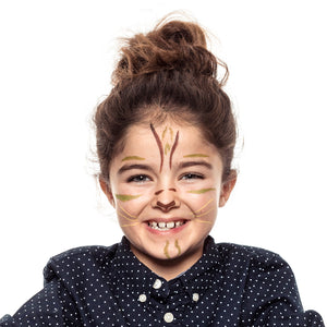 Final step, Adding whiskers with a yellow brush pen to complete the Tigress face paint.