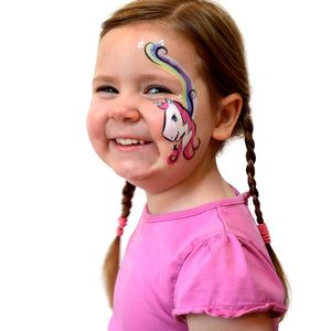 Final step, Outlining the unicorn with black, painting around the eye and adding eyelashes, creating black swirls in the rainbow, and adding white dots, star bursts, and a small dot in the eye to complete unicorn face paint.