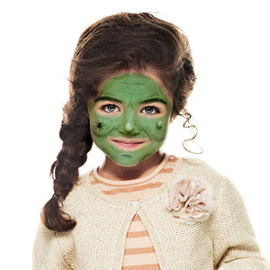 Final step, mixing grass green with a tiny amount of black and using a sponge corner to blend wrinkle lines on the forehead, around the eyes, chin, and cheeks to complete the Witch Kid face paint.