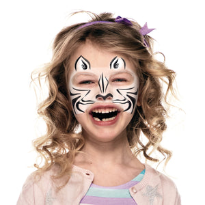 Final step show a face paint of zebra with black and white highlights on cheeks.