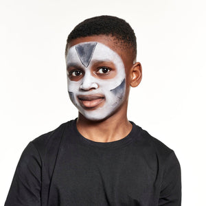 Step two, using classic dark blue paint adding a semicircle on forehead and both cheeks.