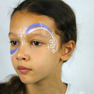 Final step, using white paint adding lots of stars dots and sparkles with white highlights to complete the Festival Swirl face paint.