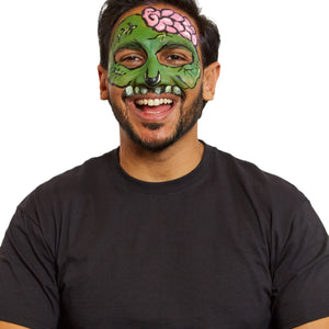 Outline the brain and facial features in black, then add stitches and highlights with white for a finishing touch.