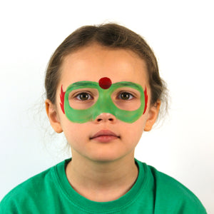Step one, using grass green paint, draw mask shape around eyes. Then paint a circle in the middle of the forehead and feathers on the side of the mask using bright red paint.