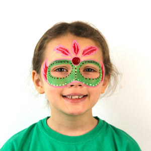 Final step, adding red dots around the eyes and white dots around the mask to complete the green mask face paint.