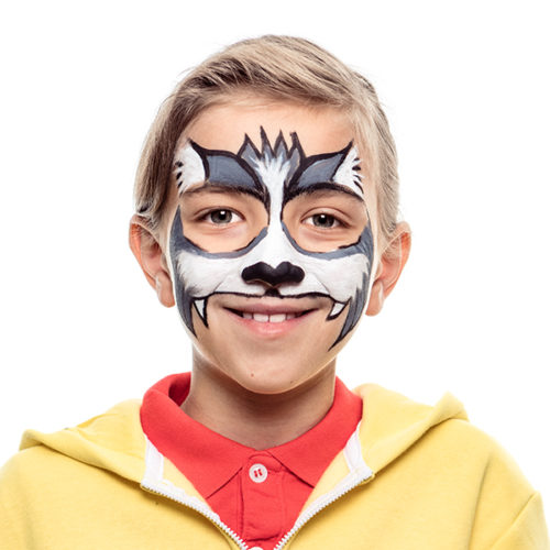 Boy with step 2 of Cat Zombie Halloween face paint design