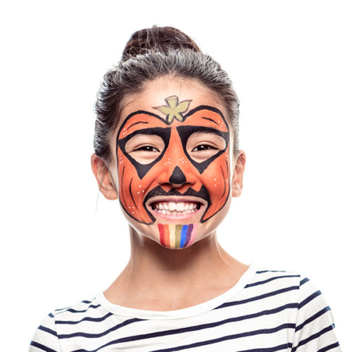 girl with Colourful Rainbow Pumpkin Halloween face paint design