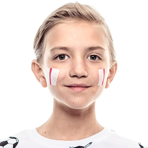 Boy with step 2 of english flag face paint design