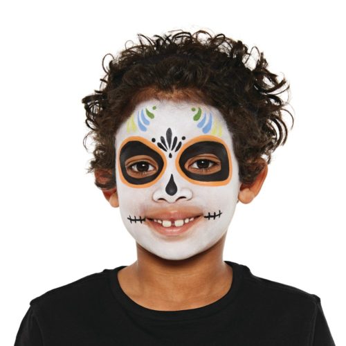 Boy with step 2 of Sugar Skull face paint design