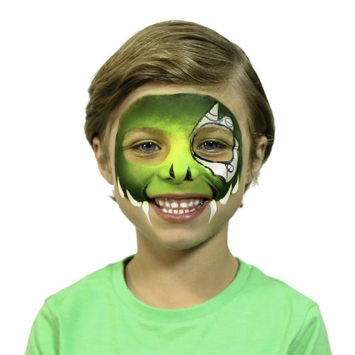 Boy with step 2 of Cyber Raptor Halloween face paint idea