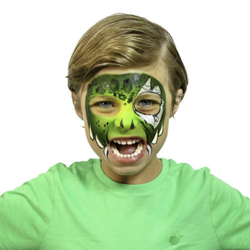Boy with Cyber Raptor Halloween face paint idea