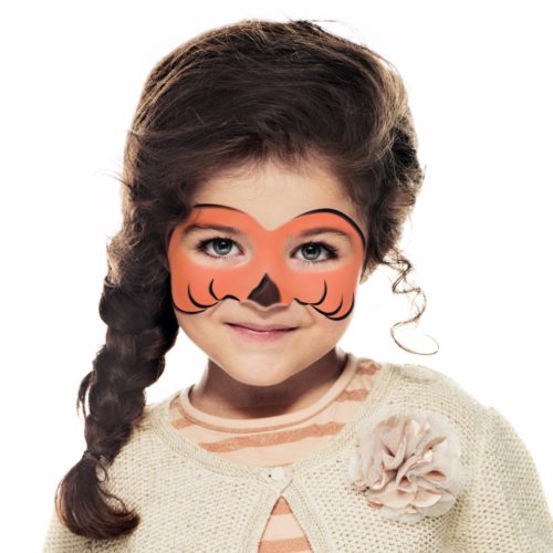 girl with step 2 of Halloween Pumpkin face paint design