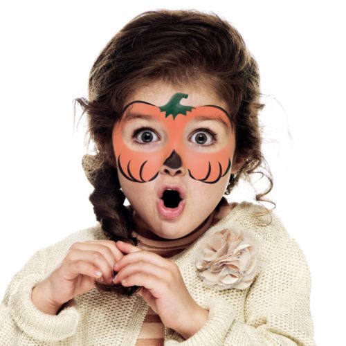 girl with Halloween Pumpkin face paint design