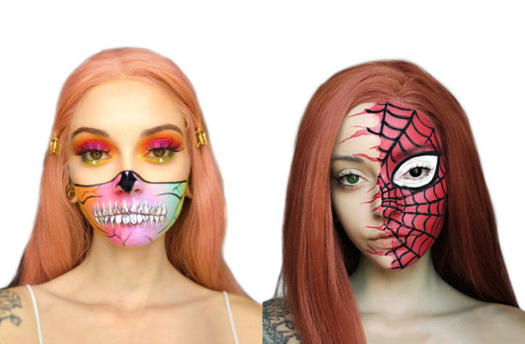 Two adults faces painted with Glam Skull and Spiderman Snazaroo Guide designs