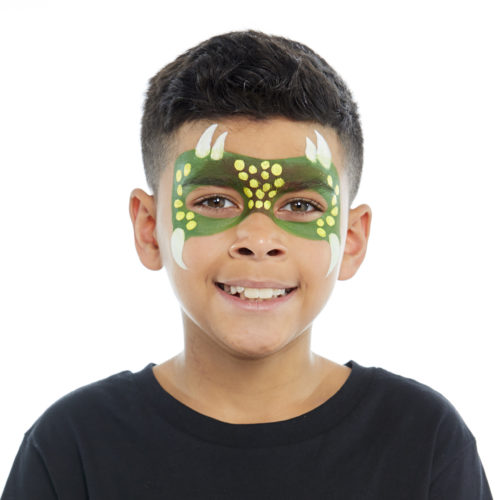 Boy with step 1 of Dinosaur face paint design