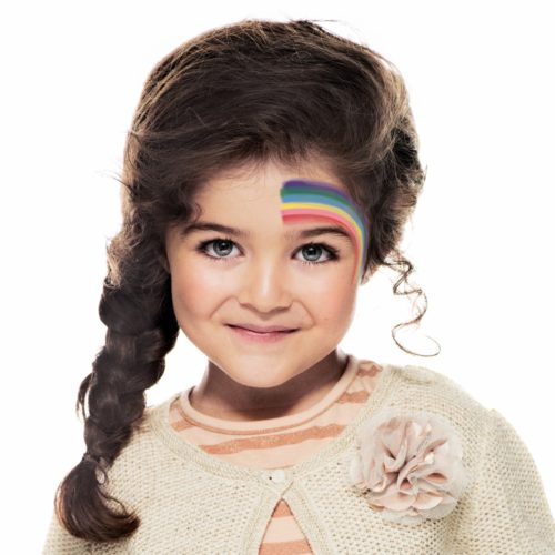 girl with step 1 of Rainbow face paint design