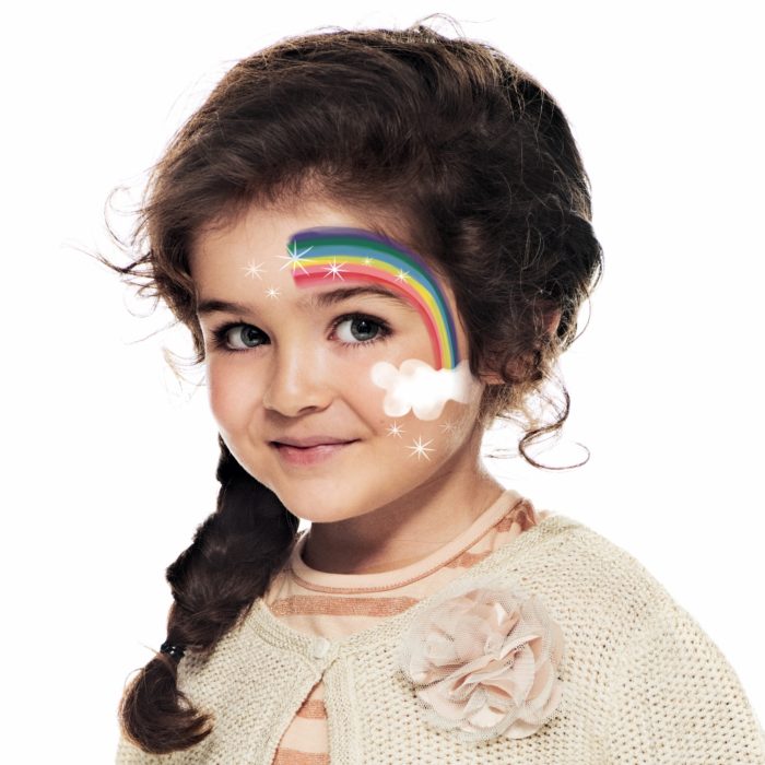 girl with step 2 of Rainbow face paint design