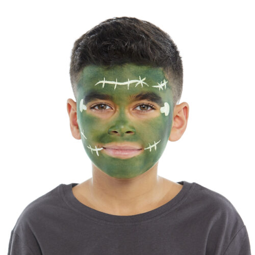 Boy with step 2 of Frankenstein face paint design for Halloween
