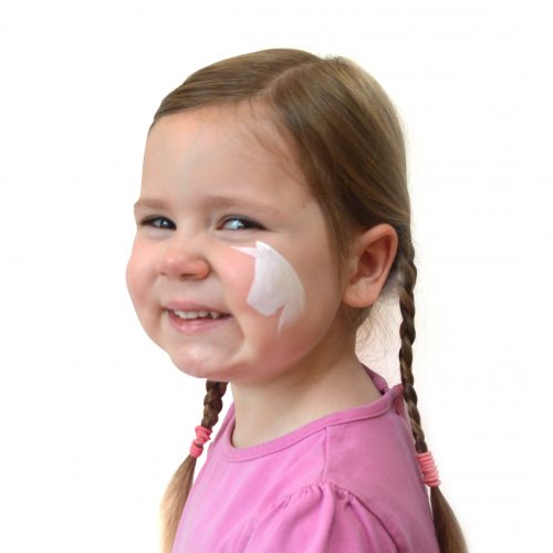 Girl with kids unicorn face paint. Step 1 of a 3 step guide.