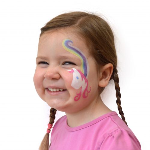 Girl with kids unicorn face paint. Step 2 of a 3 step guide.