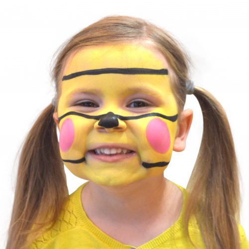 Girl with simple kids bee face paint design mobile hero image