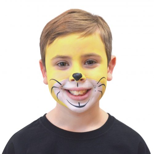 Boy with simple kids lion face paint. Step 3 of 3