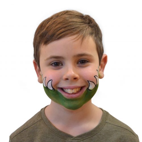 Boy with simple kids crocodile face paint. Step 3 of 3