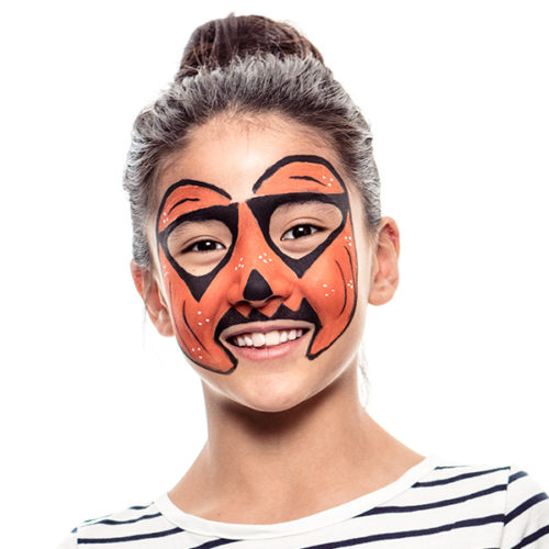 Girl with step 2 of Colourful Rainbow Pumpkin face paint design for Halloween