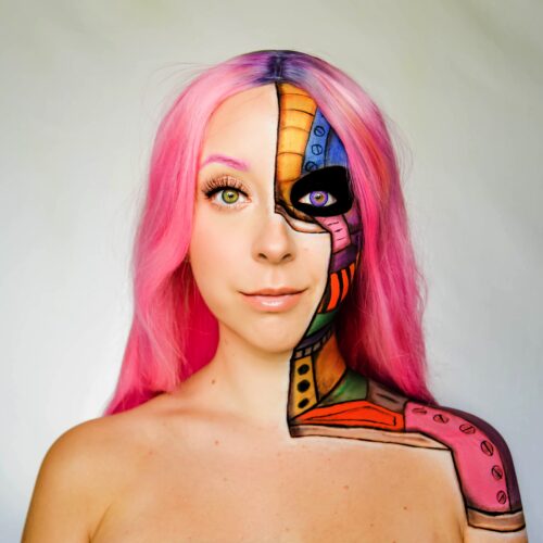 woman with step 3 robot face paint design tutorial